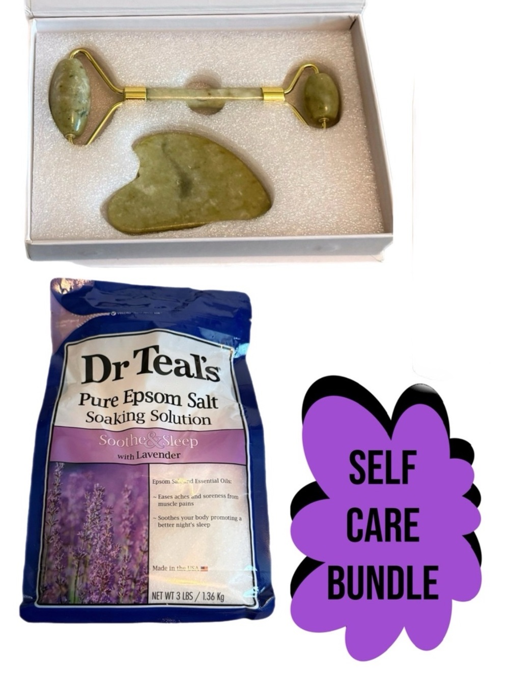 Self Care Bundle: Jade Roller & Gua Sha Set & Dr Teal's Lavender Epsom Salt NWT